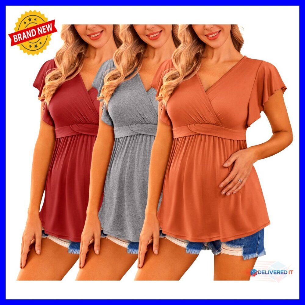 Maternity Nursing Tops 3 Pack Short Sleeve V-Neck Pregnancy Tees